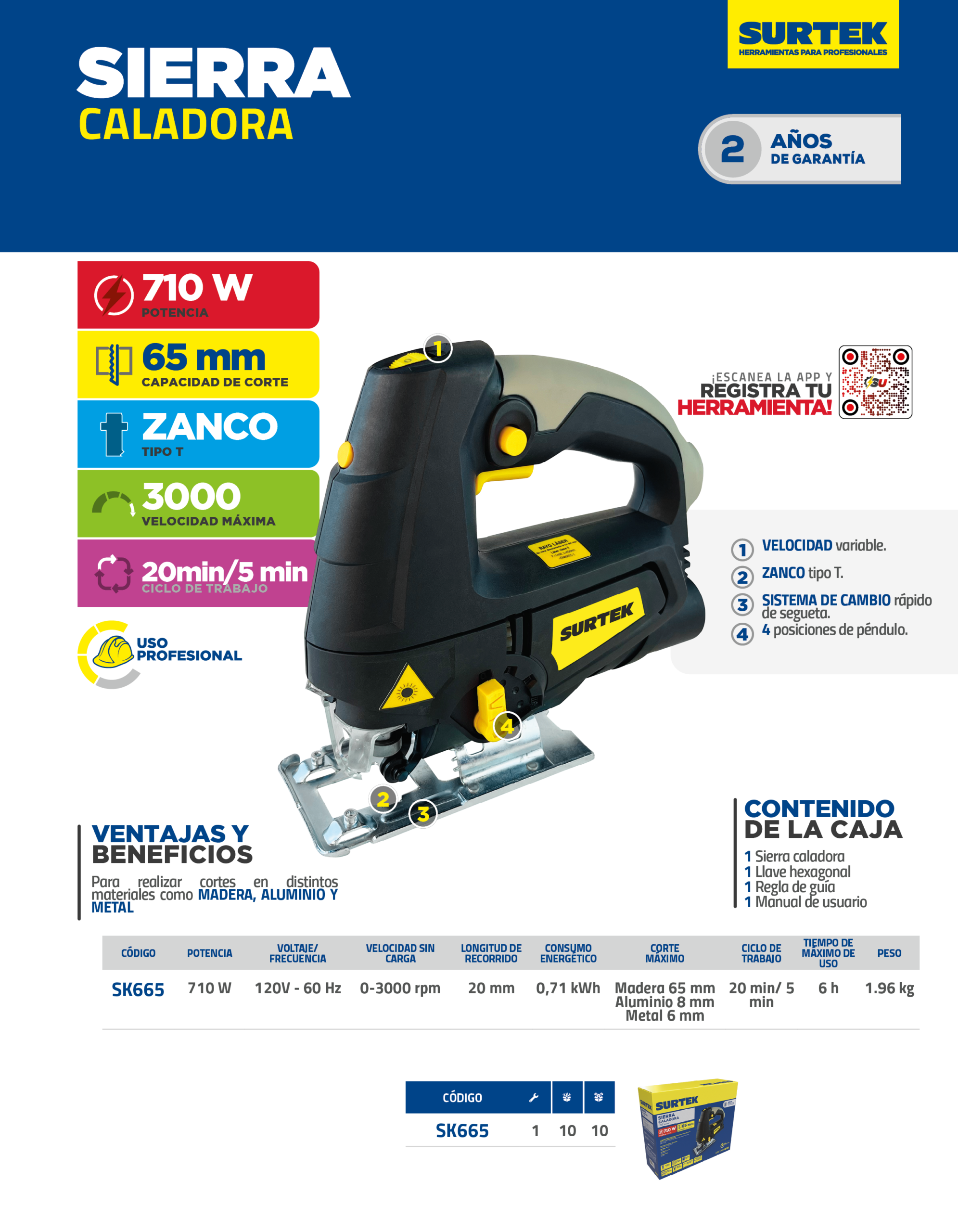 SK665 Sierra caladora pendular 710 W, 120 V, 0 - 3000 RPM Surtek - Imagen 3