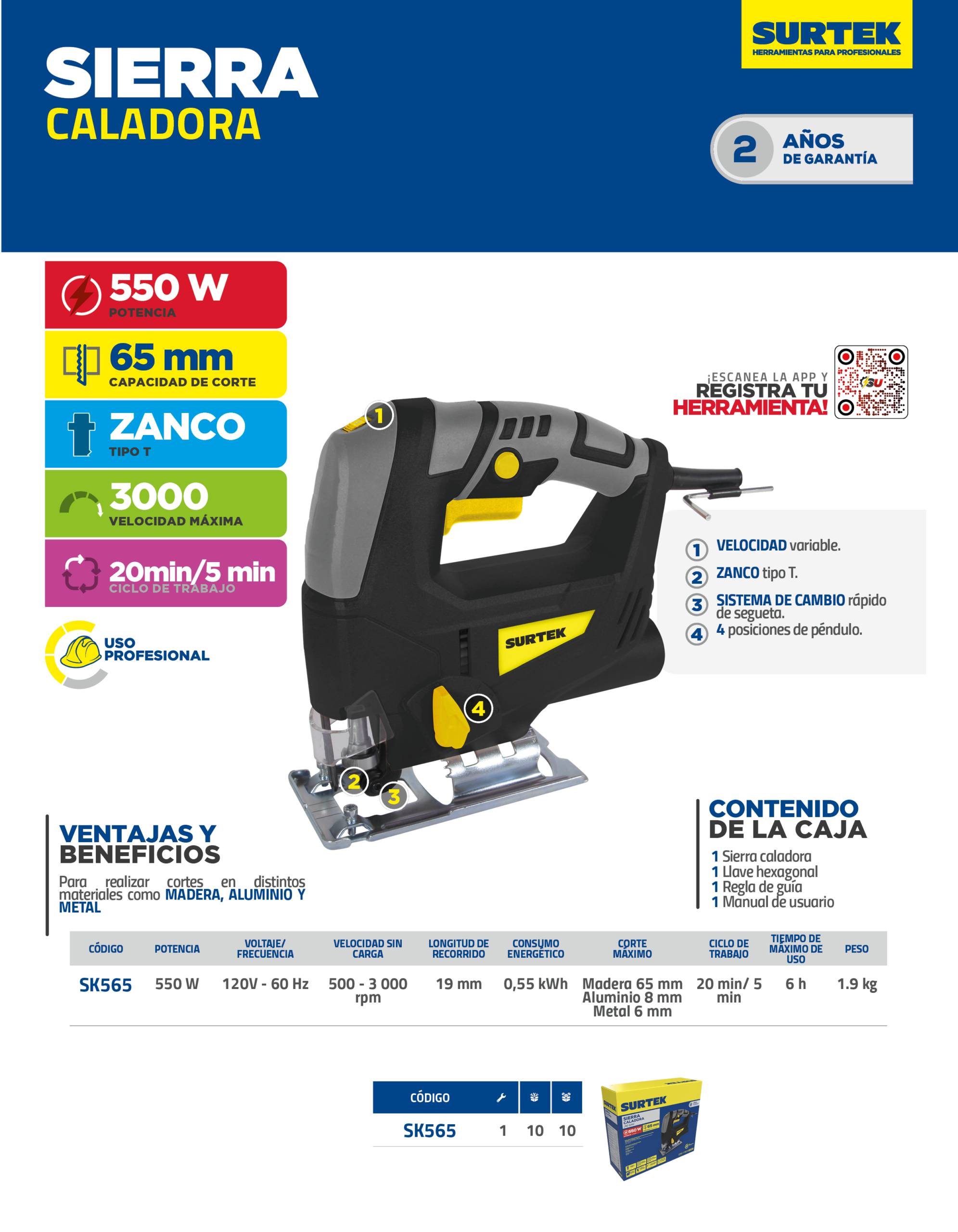SK565 Sierra caladora pendular 550 W, 120 V, 500 - 3000 RPM Surtek - Imagen 3